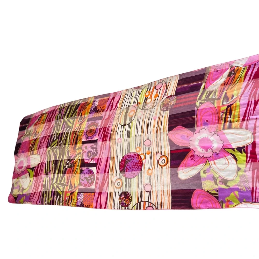 Silk Scarf Made in France Abstract Floral Print Pink Chic Eclectic Y2K Colorful - Picture 11 of 13